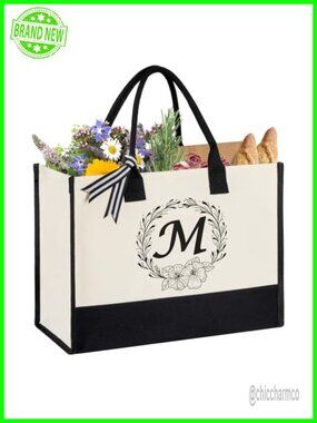 Personalized Initial Canvas Tote Bag Large Beach Bag for Women